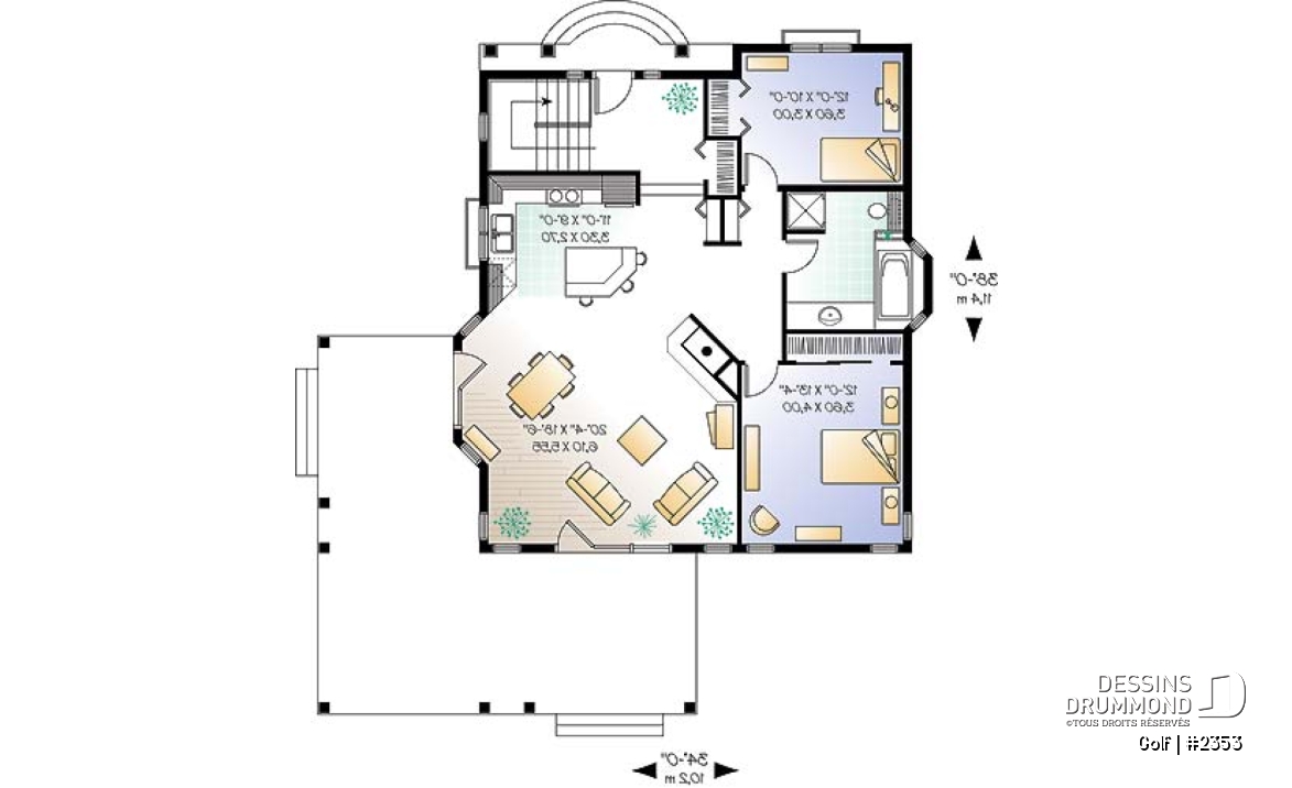 Rez-de-chaussée - Plan de bungalow lumineux, foyer central, cuisine avec îlot, pergola - Golf