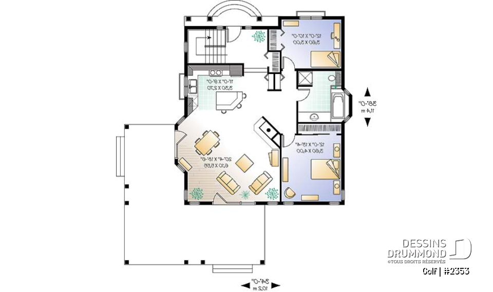 Rez-de-chaussée - Plan de bungalow lumineux, foyer central, cuisine avec îlot, pergola - Golf