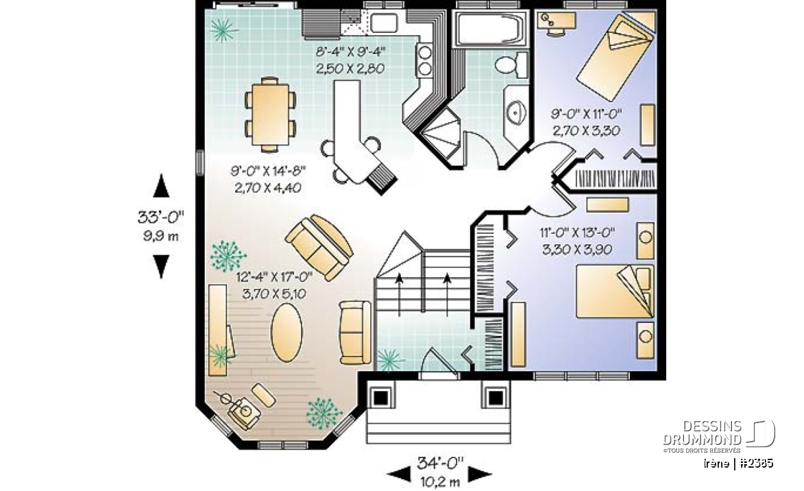 Rez-de-chaussée - Plan de petite maison à entrée split avec salle de séjour tout en lumière, cuisine avec îlot, 2 chambres - Irène