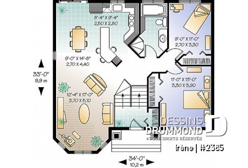 Rez-de-chaussée - Plan de petite maison à entrée split avec salle de séjour tout en lumière, cuisine avec îlot, 2 chambres - Irène