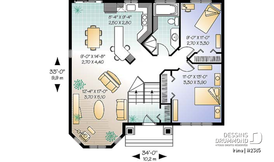 Rez-de-chaussée - Plan de petite maison à entrée split avec salle de séjour tout en lumière, cuisine avec îlot, 2 chambres - Irène