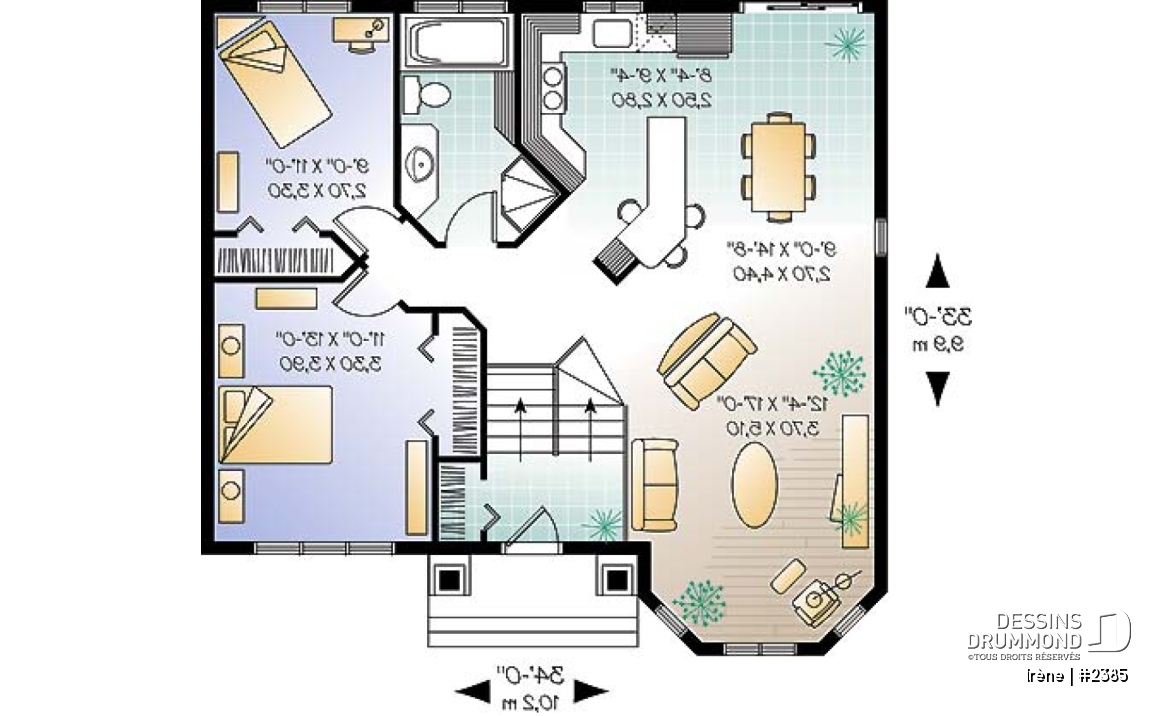 Rez-de-chaussée - Plan de petite maison à entrée split avec salle de séjour tout en lumière, cuisine avec îlot, 2 chambres - Irène