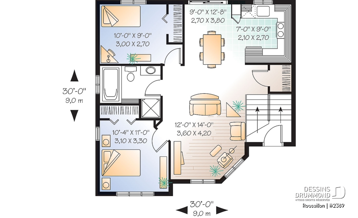 Rez-de-chaussée - Plan de maison split level, 2 chambres, garde-robe à l'entrée, espace ouvert, coût abordable - Roussillon