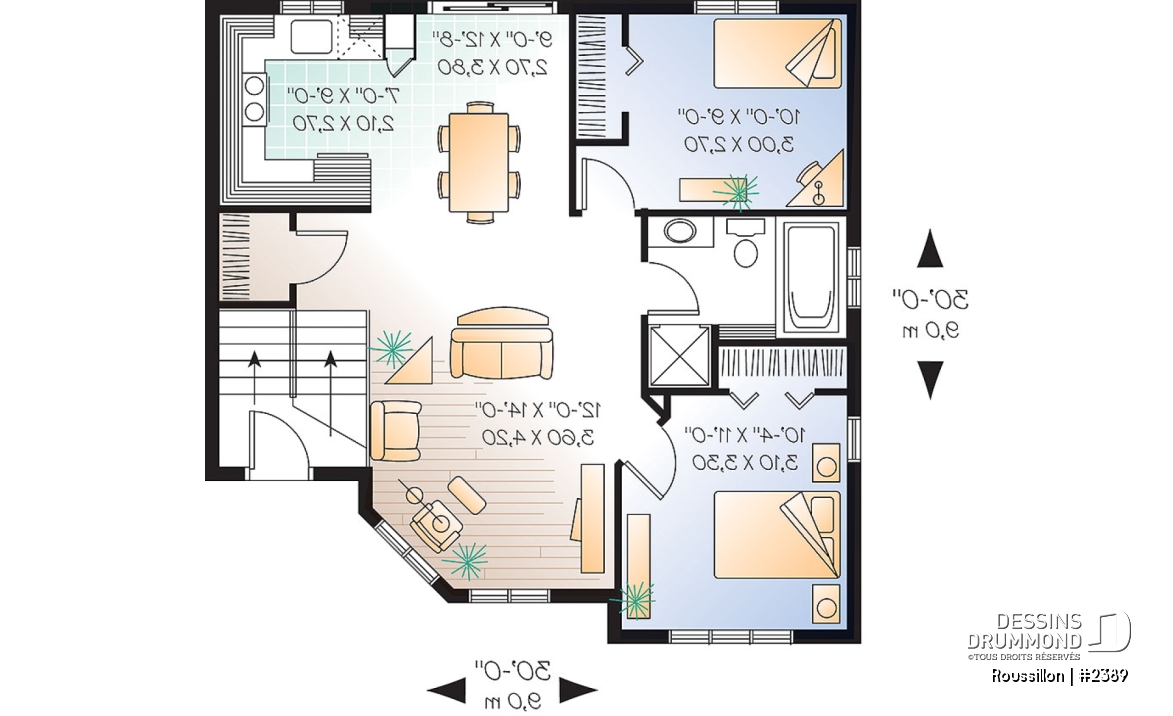Rez-de-chaussée - Plan de maison split level, 2 chambres, garde-robe à l'entrée, espace ouvert, coût abordable - Roussillon