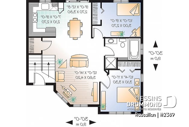 Rez-de-chaussée - Plan de maison split level, 2 chambres, garde-robe à l'entrée, espace ouvert, coût abordable - Roussillon