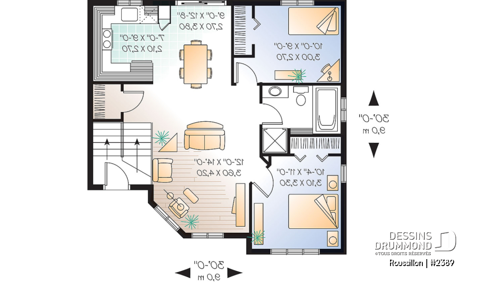 Rez-de-chaussée - Plan de maison split level, 2 chambres, garde-robe à l'entrée, espace ouvert, coût abordable - Roussillon