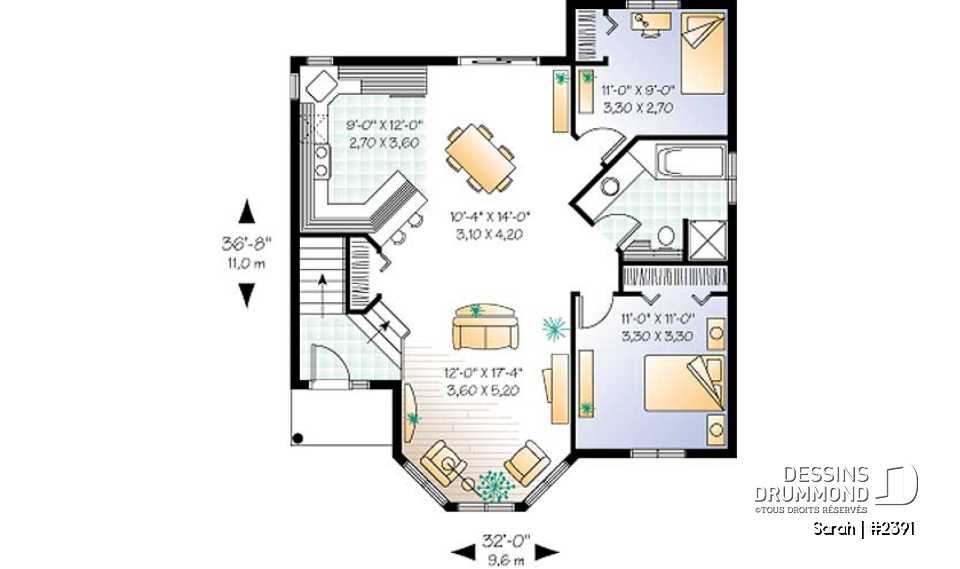 Rez-de-chaussée - Modèle d'inspiration champêtre, 2 chambres, entrée abritée, vestibule, maison économique - Sarah