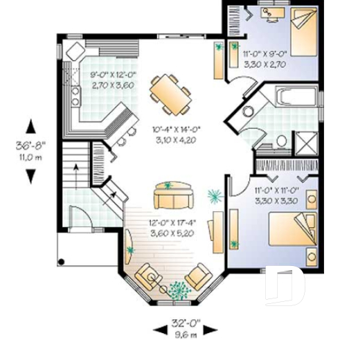 Rez-de-chaussée - Modèle d'inspiration champêtre, 2 chambres, entrée abritée, vestibule, maison économique - Sarah