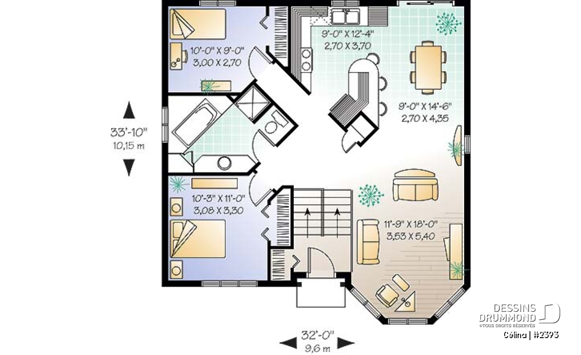 Rez-de-chaussée - Plan de maison abordable, 2 chambres, à entrée split, îlot à la cuisine - Célina