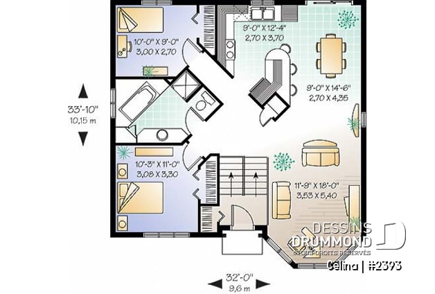 Rez-de-chaussée - Plan de maison abordable, 2 chambres, à entrée split, îlot à la cuisine - Célina