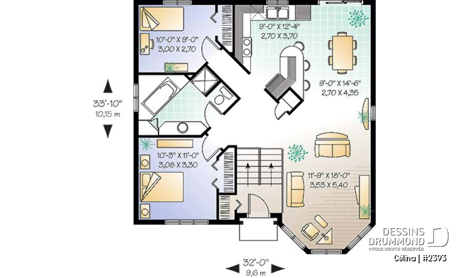 Rez-de-chaussée - Plan de maison abordable, 2 chambres, à entrée split, îlot à la cuisine - Célina