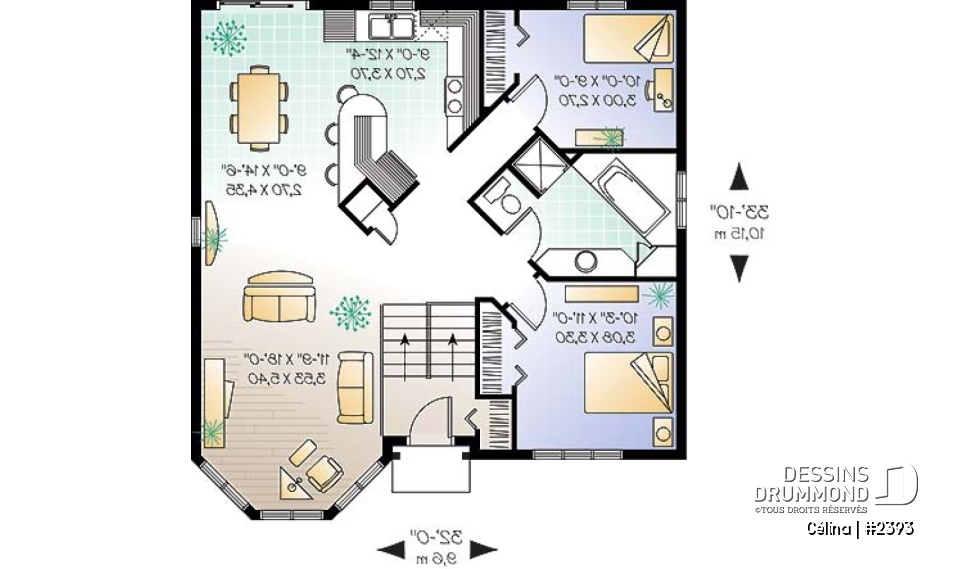 Rez-de-chaussée - Plan de maison abordable, 2 chambres, à entrée split, îlot à la cuisine - Célina