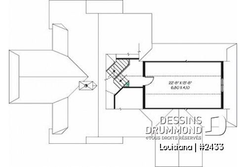 Étage - Plan de chalet 3 chambres, 3.5 salles de bain, aire ouverte, 2 salons, foyer central, grande terrass - Louisiana