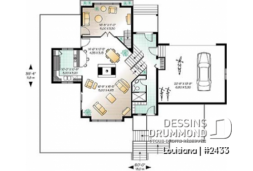 Rez-de-chaussée - Plan de chalet 3 chambres, 3.5 salles de bain, aire ouverte, 2 salons, foyer central, grande terrass - Louisiana