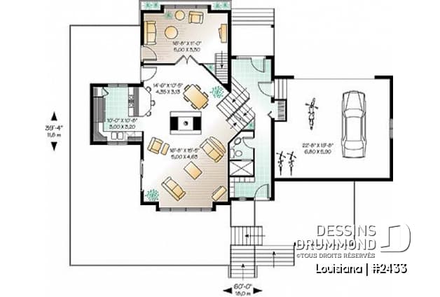 Rez-de-chaussée - Plan de chalet 3 chambres, 3.5 salles de bain, aire ouverte, 2 salons, foyer central, grande terrass - Louisiana
