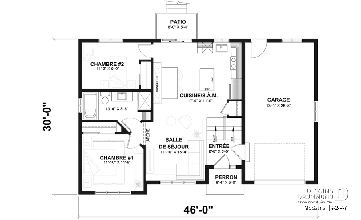 Rez-de-chaussée - Plan de maison à entrée split, économique, garage avec rangement, 2 à 4 chambres, s-sol aménagé optionnel ($) - Madeline 
