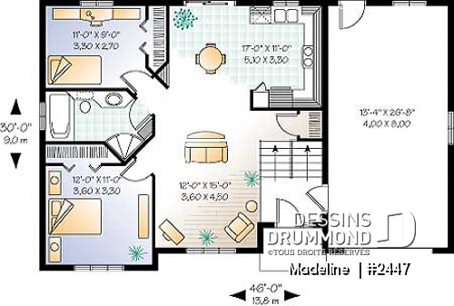 Rez-de-chaussée - Plan de maison 1 étage à entrée split, économique, garage avec rangement, 2 chambres - Madeline 