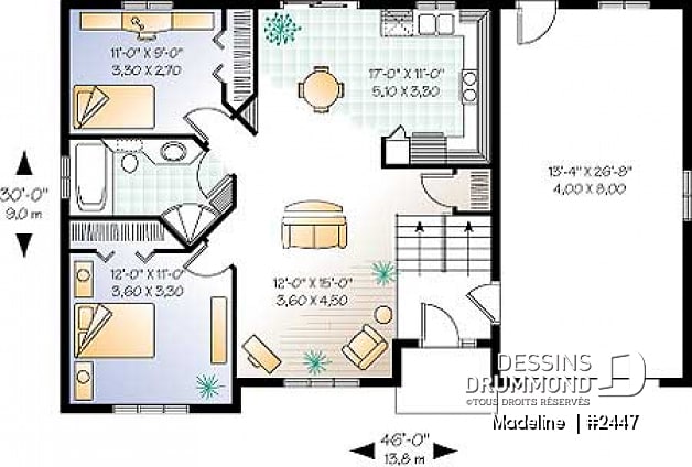 Rez-de-chaussée - Plan de maison 1 étage à entrée split, économique, garage avec rangement, 2 chambres - Madeline 