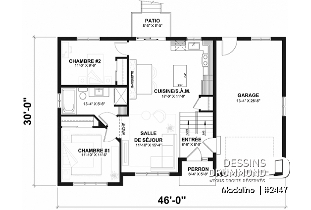 Rez-de-chaussée - Plan de maison à entrée split, économique, garage avec rangement, 2 à 4 chambres, s-sol aménagé optionnel ($) - Madeline 