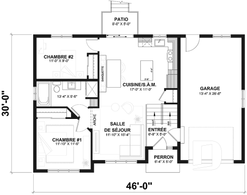 Rez-de-chaussée - Plan de maison à entrée split, économique, garage avec rangement, 2 à 4 chambres, s-sol aménagé optionnel ($) - Madeline 