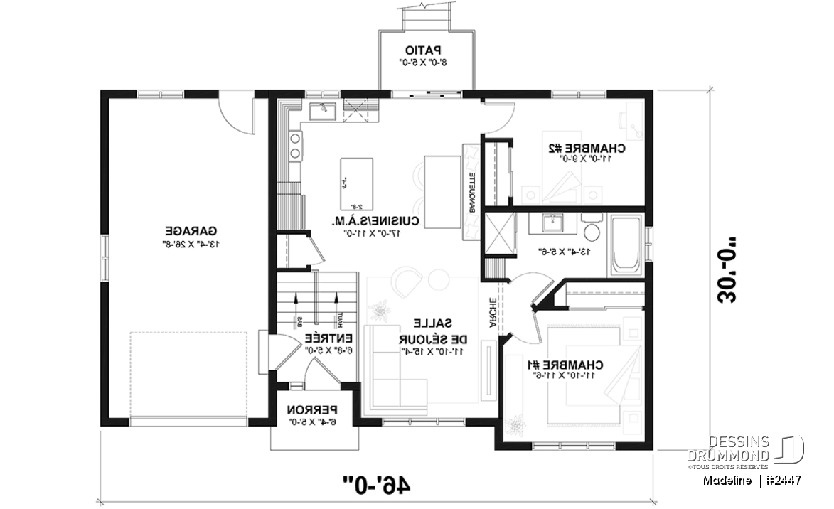 Rez-de-chaussée - Plan de maison à entrée split, économique, garage avec rangement, 2 à 4 chambres, s-sol aménagé optionnel ($) - Madeline 