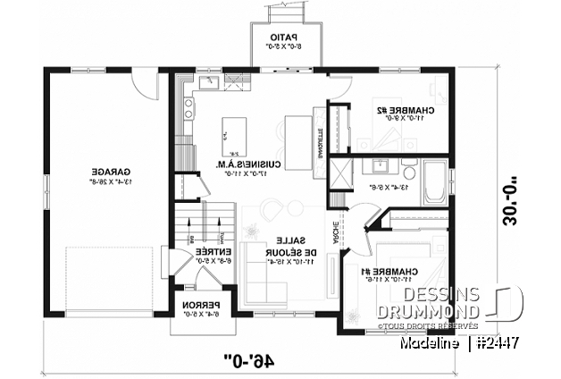 Rez-de-chaussée - Plan de maison à entrée split, économique, garage avec rangement, 2 à 4 chambres, s-sol aménagé optionnel ($) - Madeline 