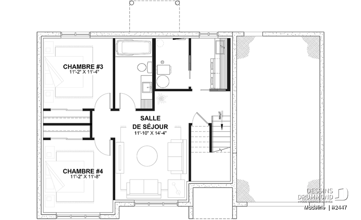 Sous-sol aménagé (Optionel $) - Plan de maison à entrée split, économique, garage avec rangement, 2 à 4 chambres, s-sol aménagé optionnel ($) - Madeline 