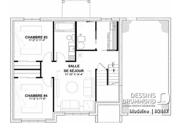 Sous-sol aménagé (Optionel $) - Plan de maison à entrée split, économique, garage avec rangement, 2 à 4 chambres, s-sol aménagé optionnel ($) - Madeline 