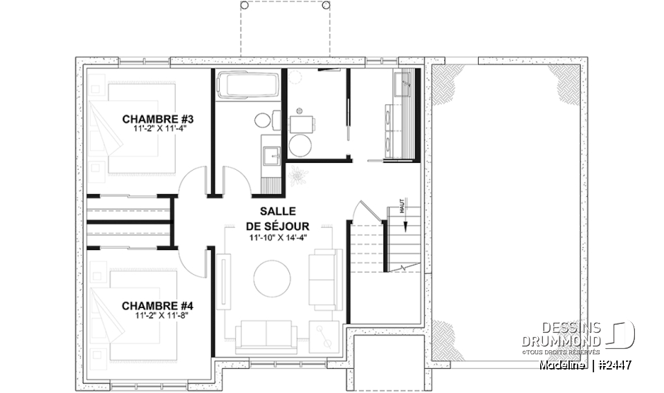 Sous-sol aménagé (Optionel $) - Plan de maison à entrée split, économique, garage avec rangement, 2 à 4 chambres, s-sol aménagé optionnel ($) - Madeline 