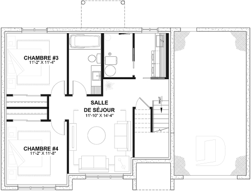 Sous-sol aménagé (Optionel $) - Plan de maison à entrée split, économique, garage avec rangement, 2 à 4 chambres, s-sol aménagé optionnel ($) - Madeline 