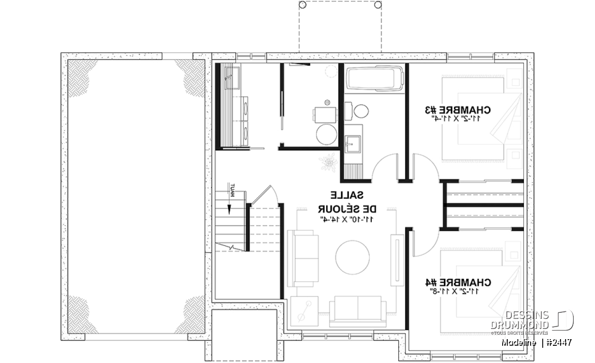 Sous-sol aménagé (Optionel $) - Plan de maison à entrée split, économique, garage avec rangement, 2 à 4 chambres, s-sol aménagé optionnel ($) - Madeline 