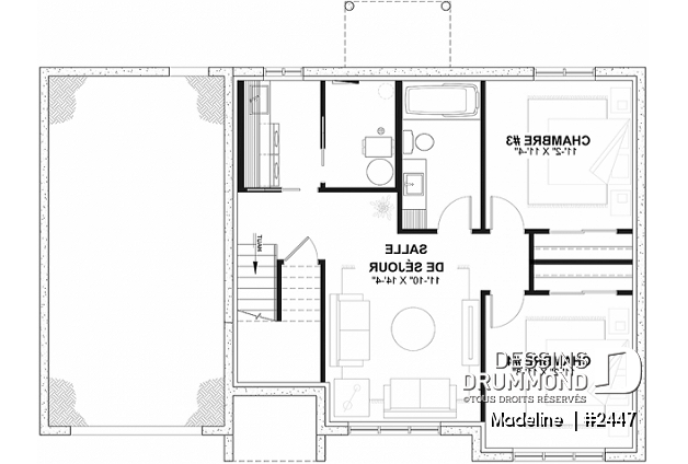 Sous-sol aménagé (Optionel $) - Plan de maison à entrée split, économique, garage avec rangement, 2 à 4 chambres, s-sol aménagé optionnel ($) - Madeline 