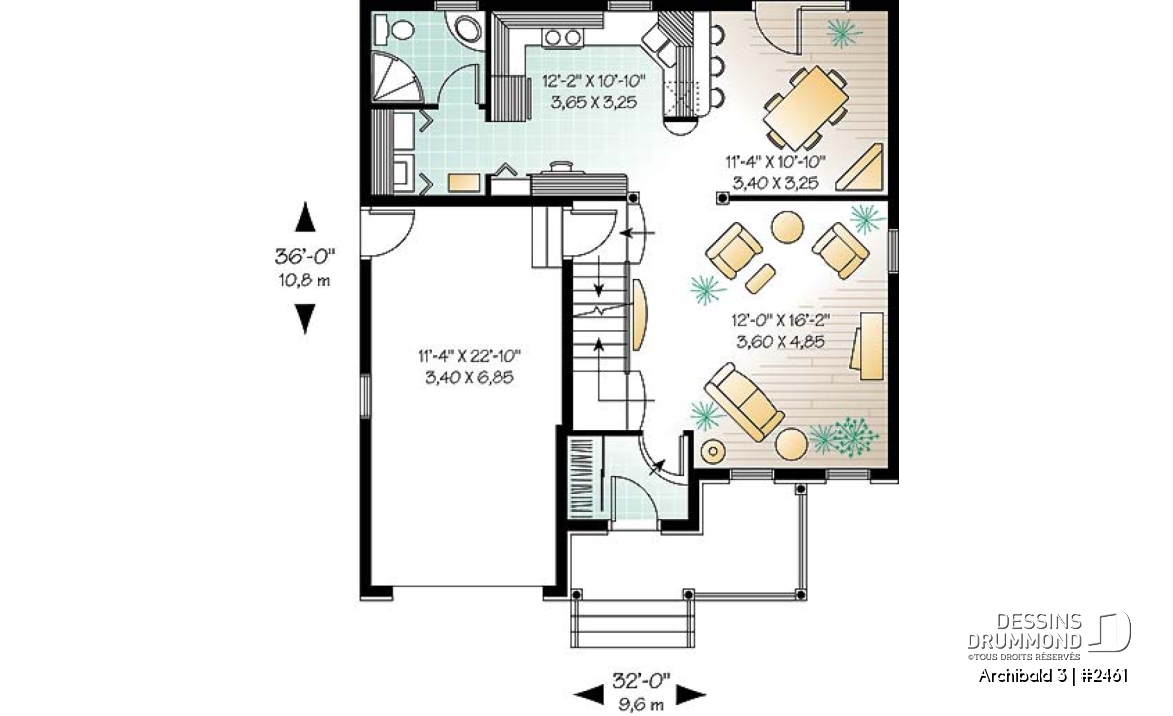 Rez-de-chaussée - Plan de maison inspiration anglaise, 3 chambres + espace boni, garage, salle de lavage au 1er - Archibald 3
