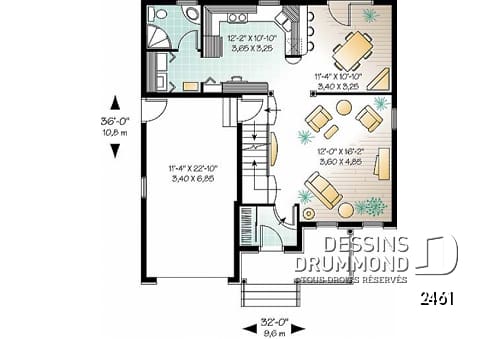 Rez-de-chaussée - Plan de maison inspiration anglaise, 3 chambres + espace boni, garage, salle de lavage au 1er - Archibald 3