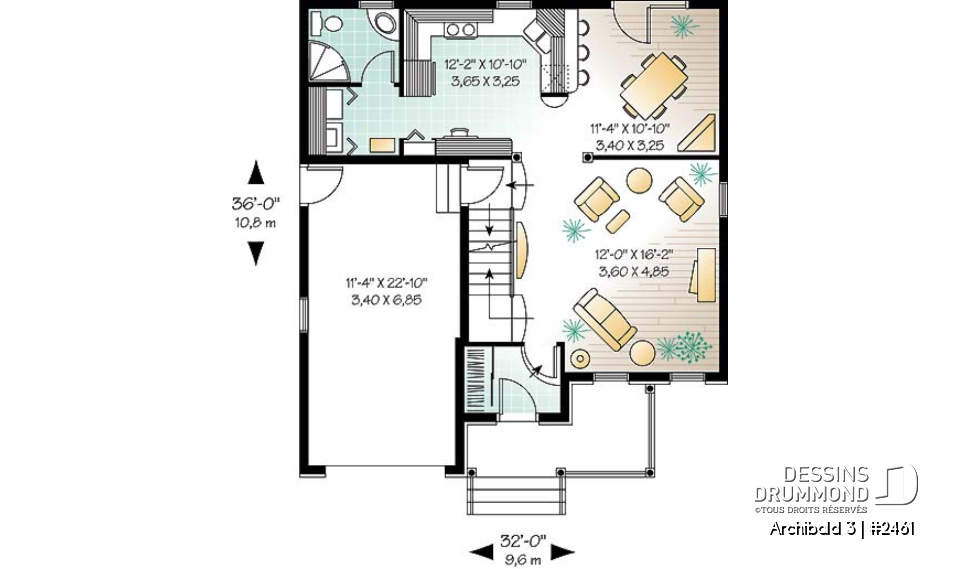 Rez-de-chaussée - Plan de maison inspiration anglaise, 3 chambres + espace boni, garage, salle de lavage au 1er - Archibald 3