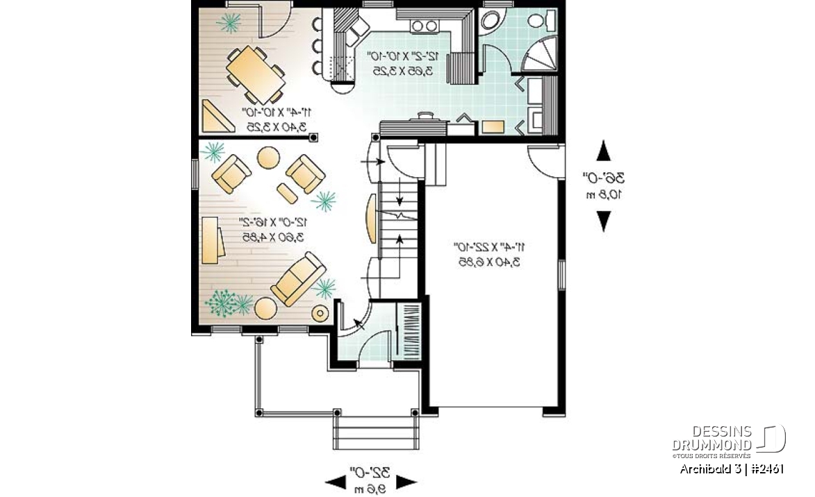 Rez-de-chaussée - Plan de maison inspiration anglaise, 3 chambres + espace boni, garage, salle de lavage au 1er - Archibald 3