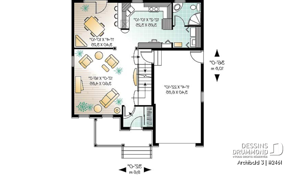 Rez-de-chaussée - Plan de maison inspiration anglaise, 3 chambres + espace boni, garage, salle de lavage au 1er - Archibald 3