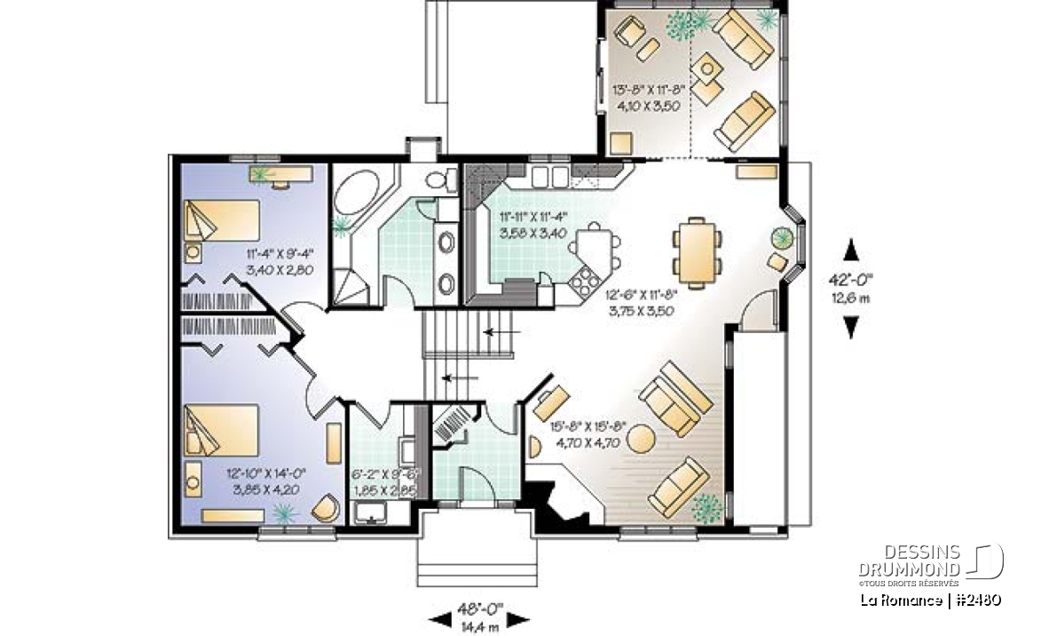 Rez-de-chaussée - Plan de maison pour terrain dénivelé, garage double, 2 à 4 chambres, foyer, vestibule, 2 salons - La Romance
