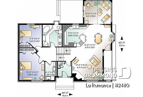Rez-de-chaussée - Plan de maison pour terrain dénivelé, garage double, 2 à 4 chambres, foyer, vestibule, 2 salons - La Romance