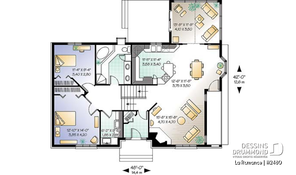 Rez-de-chaussée - Plan de maison pour terrain dénivelé, garage double, 2 à 4 chambres, foyer, vestibule, 2 salons - La Romance