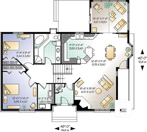 Rez-de-chaussée - Plan de maison pour terrain dénivelé, garage double, 2 à 4 chambres, foyer, vestibule, 2 salons - La Romance