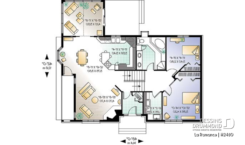 Rez-de-chaussée - Plan de maison pour terrain dénivelé, garage double, 2 à 4 chambres, foyer, vestibule, 2 salons - La Romance