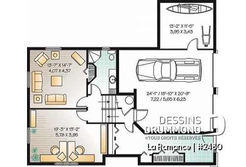 Sous-sol - Plan de maison pour terrain dénivelé, garage double, 2 à 4 chambres, foyer, vestibule, 2 salons - La Romance