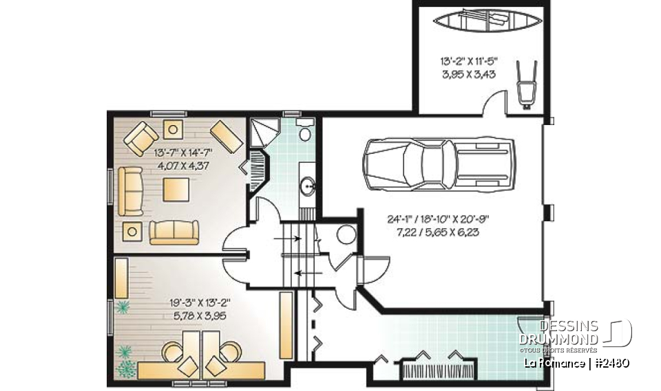 Sous-sol - Plan de maison pour terrain dénivelé, garage double, 2 à 4 chambres, foyer, vestibule, 2 salons - La Romance