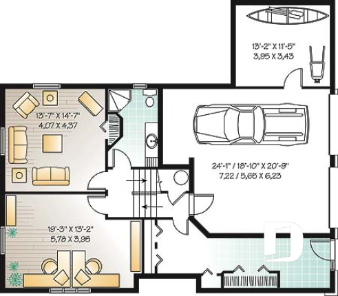 Sous-sol - Plan de maison pour terrain dénivelé, garage double, 2 à 4 chambres, foyer, vestibule, 2 salons - La Romance