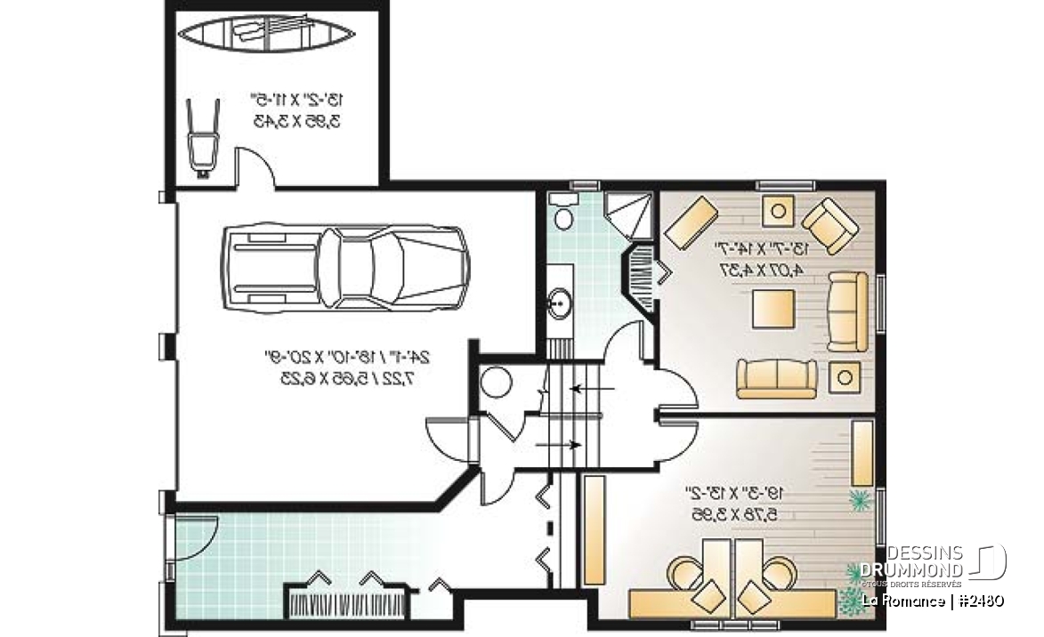 Sous-sol - Plan de maison pour terrain dénivelé, garage double, 2 à 4 chambres, foyer, vestibule, 2 salons - La Romance