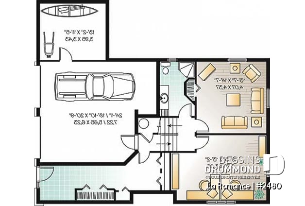 Sous-sol - Plan de maison pour terrain dénivelé, garage double, 2 à 4 chambres, foyer, vestibule, 2 salons - La Romance