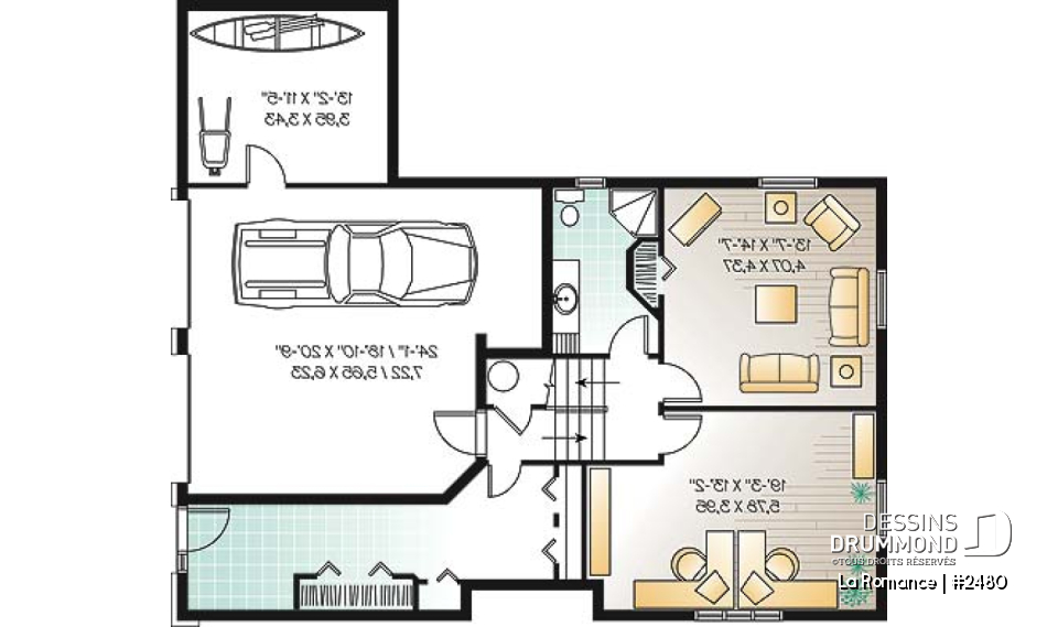 Sous-sol - Plan de maison pour terrain dénivelé, garage double, 2 à 4 chambres, foyer, vestibule, 2 salons - La Romance