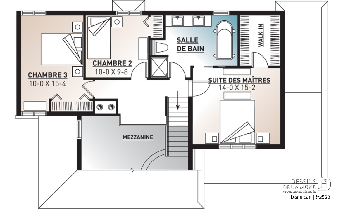 Étage - Plan de maison 3 chambres, garage double, style Craftsman, foyer central, garage double, buanderie au premier - Dennison