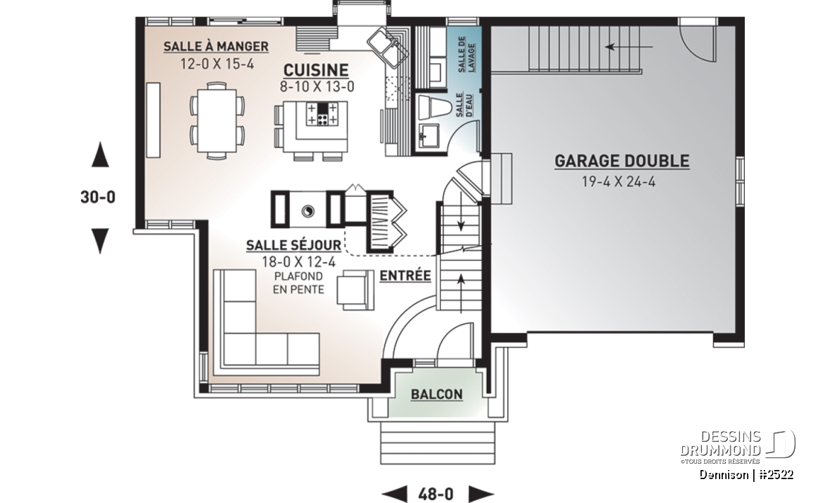Rez-de-chaussée - Plan de maison 3 chambres, garage double, style Craftsman, foyer central, garage double, buanderie au premier - Dennison